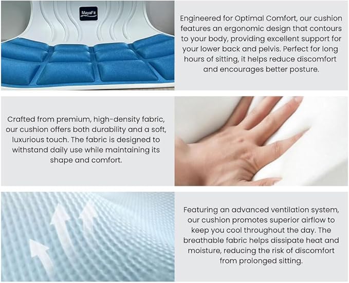 MayaFit Ergonomic Lumbar Support Cushion, Blue, 460mm x 440mm x 340mm, Large, for Office Chairs & Car Seats, Posture Correction, Pregnancy Comfort, 110-300 lbs Capacity
