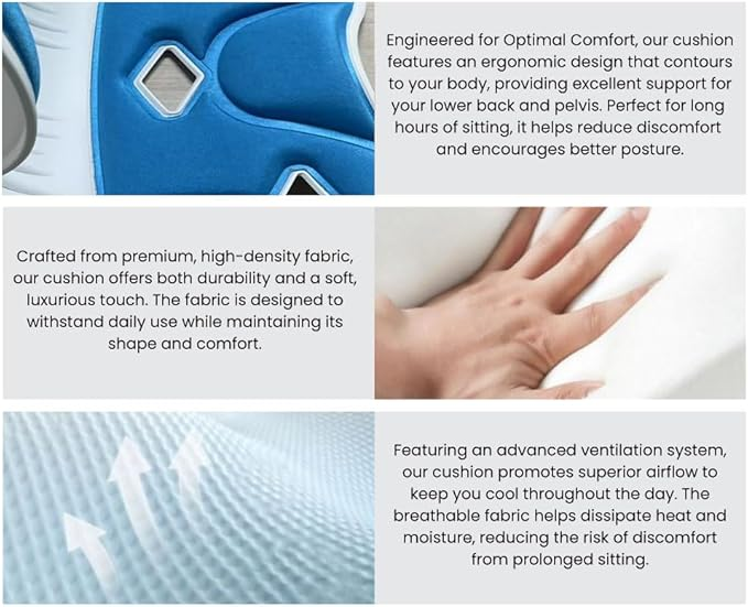 Ergonomic Lumbar Support Cushion, Blue, 44.5mm x 410mm x 340mm, Standard Size, for Shoulder and Back Posture, 110-265 lbs Capacity